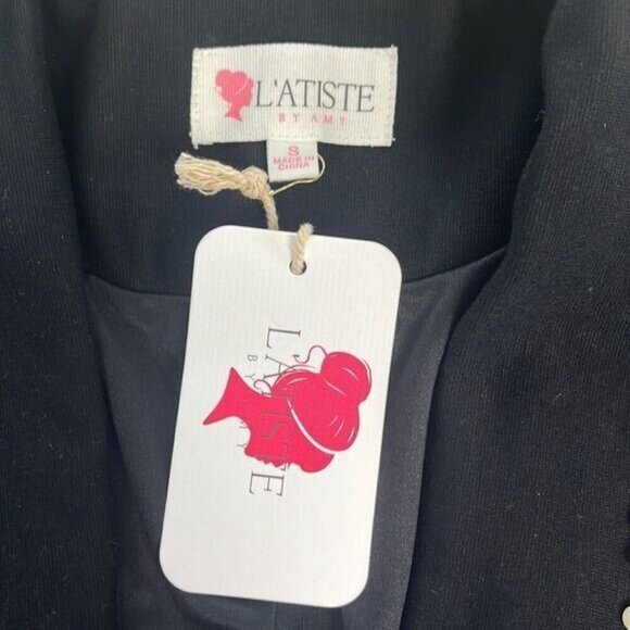 L'atiste Pearl Tuxedo Dress Black Long Sleeve Deep V-Neck Lined Bodycon NEW - Picture 12 of 13